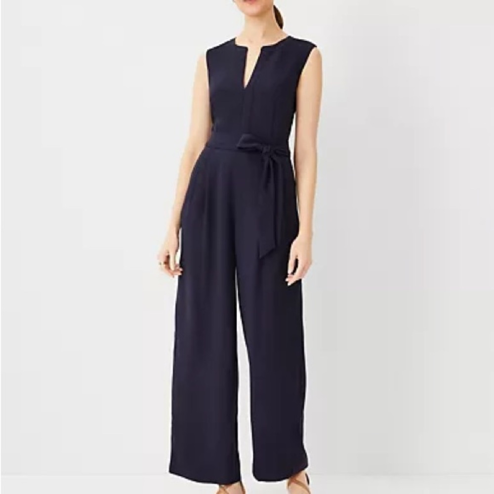 Split Neck Sleeveless Tie Waist Jumpsuit
